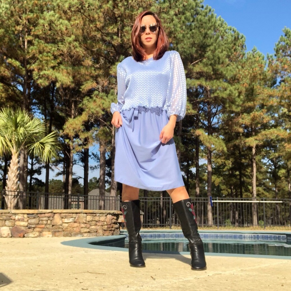 70s PERIWINKLE BALLOON SLEEVES MIDI DRESS